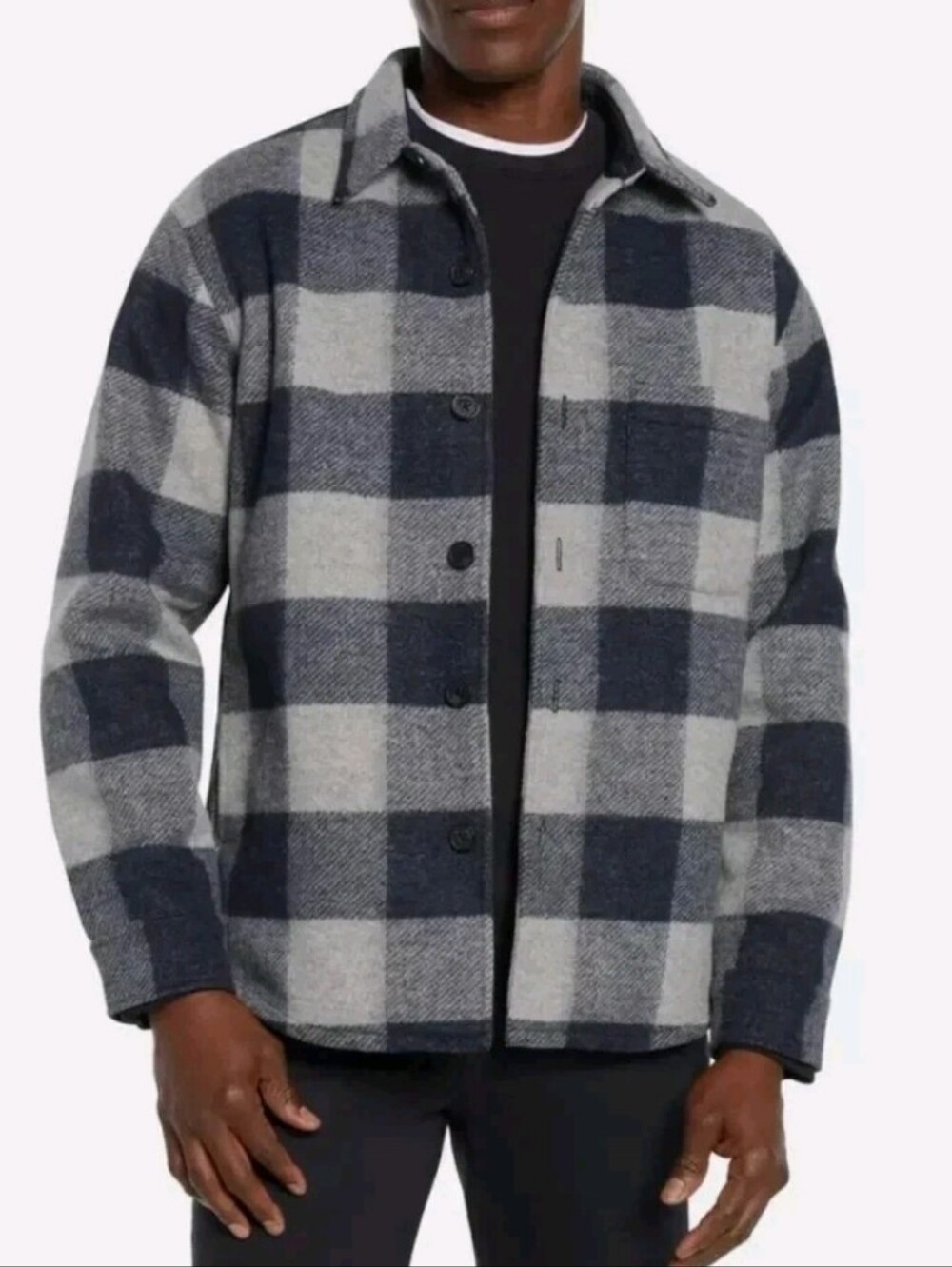 Banana Republic Mens Heavyweight Bonded Shirt Jacket L Blue Gray Plaid